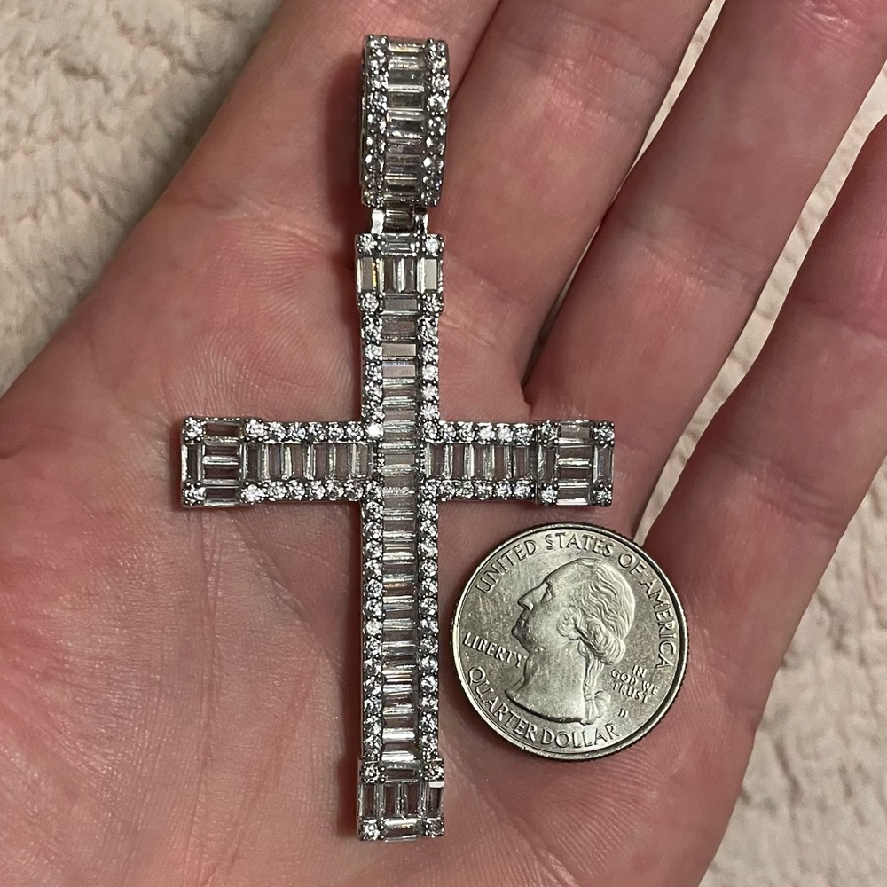 Large iced out baguette cross stainless steel pendant